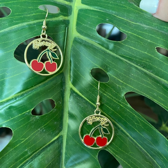 Cute & Funky cherry gold enamel earrings - Picture 8 of 8